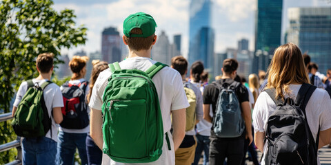 Economic and Policy Reforms Concept. Exploring vibrant city, crowd gathers with backpacks and excitement