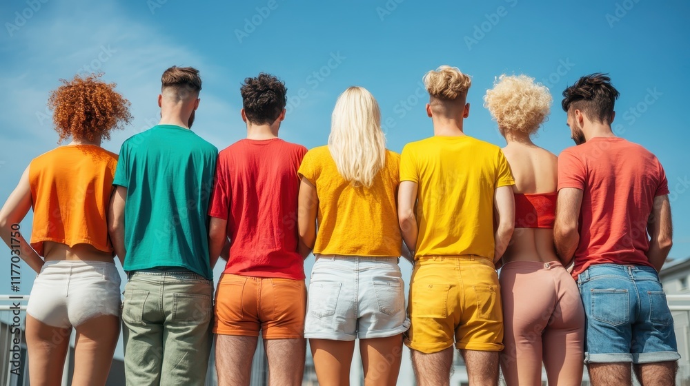 Wall mural A vibrant group of friends dressed in colorful summer outfits stand together with their backs to the camera, embodying the warmth and joy of togetherness and youth.