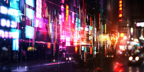 Obraz premium Vibrant digital visualization showcasing colorful data patterns and lights
