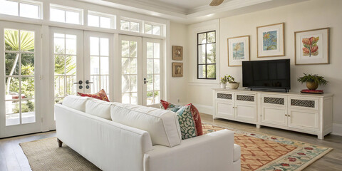 Obraz premium Stylish White Sofa in a Bright Modern Living Room with TV for Contemporary Interior Design