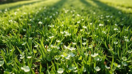 Fototapeta premium Lawn grass and clover patches viewed from low angle with soft pastel colors and bright sunlight creating a soothing aesthetic