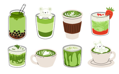 Set of Japan matcha latte. Collection of matcha drinks with latte art heart, leaf, bear, cat. Green iced matcha latte in various cups. Vector Illustration, flat cartoon Icons.