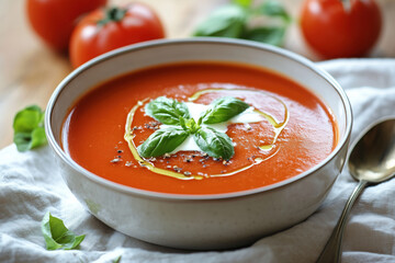 Creamy tomato soup with basil and cream swirl