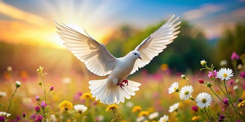 Fototapeta premium White Dove Soaring Over Wildflower Meadow - Nature Beauty Stock Photo