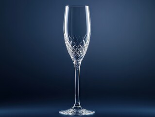 Elegant crystal champagne glass on a dark blue background, showcasing intricate patterns and reflections.