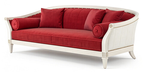 Luxurious White Wooden Red Sofa Isolated on a White Background for Elegant Living Room Decor
