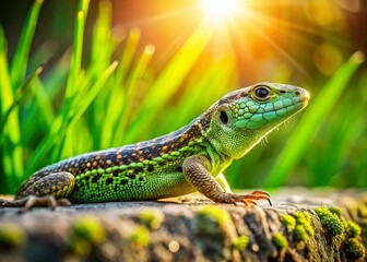 Naklejka premium Wild Sand Lizard on Concrete Block Near Green Grass - Panoramic Stock Photo