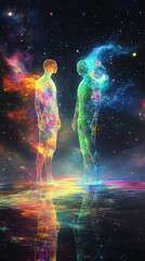 Translucent Ethereal Figures Stand Facing Each Other in a Cosmic Landscape Filled With Vibrant Colors