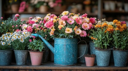 Colorful flower display with watering can at a garden shop during daylight hours