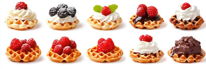 Assorted Selection of 12 Liege Style Belgian Waffles Dressed with Sweet Toppings against a Crisp White Backdrop