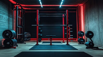 Squat rack setup with weightlifting equipment under gym lights