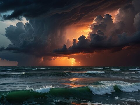 background view of sunset at sea,Tunderstorm at a cloudy Night above sea