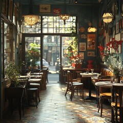 Fototapeta premium Sunlit Parisian Bistro: A Charming Cafe Scene