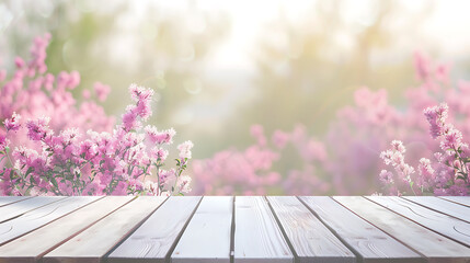 Wooden table top on blurred background of spring garden with pink flowers