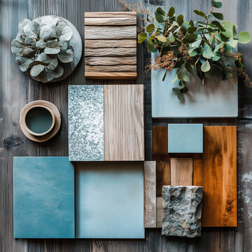 a moodboard with touch feeling of colors blue corporative oir an ambience indiustrial and wood