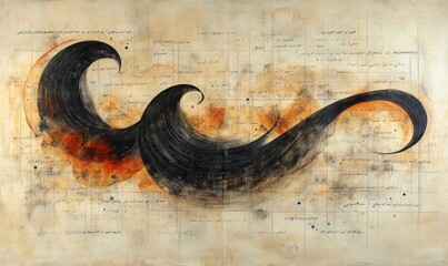 Abstract artwork; swirling black lines on parchment.