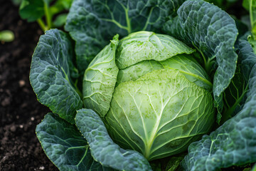 Fototapeta premium Garden-grown fresh cabbage covered in water droplets