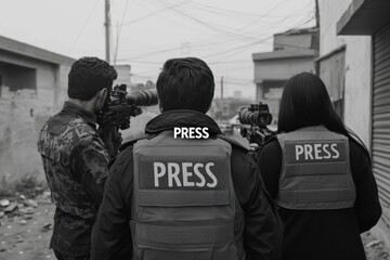 Male and female journalists on duty during a police raid on a house, seen from behind, their faces hidden