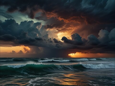 background view of sunset at sea,Tunderstorm at a cloudy Night above sea
