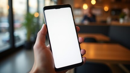 A person holds a smartphone with a blank screen in a cafe.