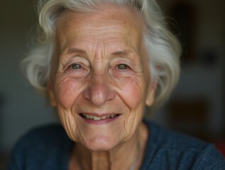 An elderly woman with a warm smile and kind eyes looks at the camera.
