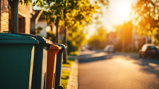Farbige M&uuml;lltonnen in einer sonnigen Wohnstra&szlig;e zwischen B&auml;umen

