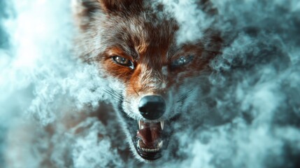 A ferocious fox emerges from a cloud of smoke, its snarling expression conveying fierce determination and wild energy in this dramatic, dynamic scene.