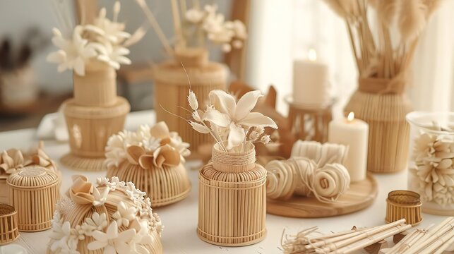 A set of small, elegant beseks arranged as wedding souvenirs, with delicate flower decorations. Displayed on a white table with soft lighting, surrounded by candles and wedding items