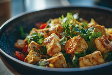 Spicy tofu salad with fresh vegetables and herbs