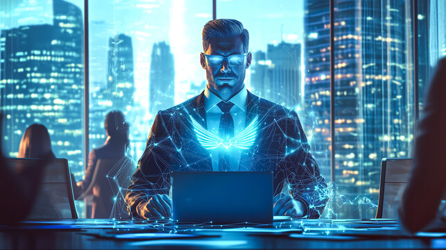 Dynamic Superhero Leading a Strategy Session with a Laptop - Powered by Adobe