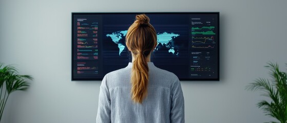 A person analyzes data on a screen in a modern workspace.