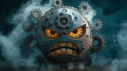 A mechanical angry emoji with gears and steam
