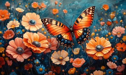 Orange butterfly amidst blooming peach flowers.
