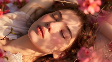 Serene Woman Sleeping Amongst Pink Blossoms