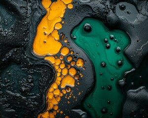 Abstract Fluid Art Swirling Green and Gold Paint on Black Background