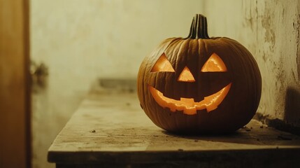 Obraz premium Spooky Season Decor: Carved Jack-o-Lantern Against a Light Wall with Ample Copy Space for Your Halloween Aesthetic