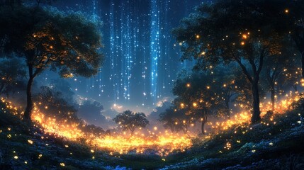 Enchanted forest, glowing lights, magical night.