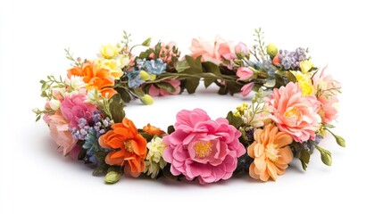 Vibrant Floral Headpiece: Colorful Flower Crown on Pure White Background with Clipping Path
