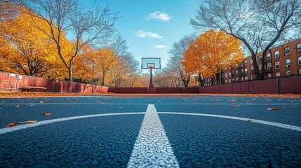 Vibrant autumn basketball court surrounded by colorful trees in serene park setting