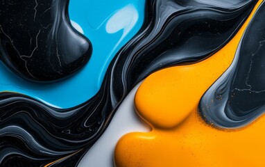 Obraz premium Abstract Fluid Art Painting Swirling Black Blue and Orange Acrylic Colors