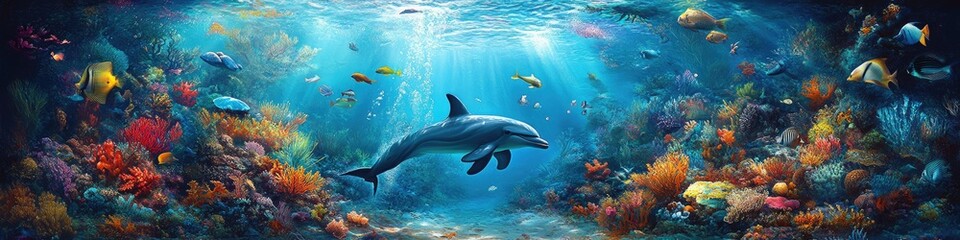 Fototapeta premium Vibrant Underwater Panorama Showcasing Dolphins in Their Natural Ocean Habitat