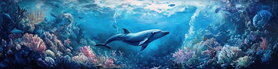 Fototapeta premium Breathtaking Underwater Panorama Featuring Playful Dolphins in Their Natural Ocean Habitat