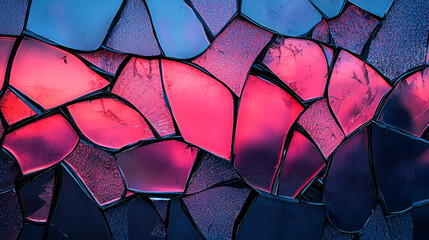 Abstract mosaic of shattered glass reflecting pink and blue light.