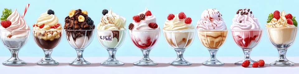Delicious Assortment of Ice Cream Sundaes for Summer Treats - Perfect Dessert Display with Copy Space