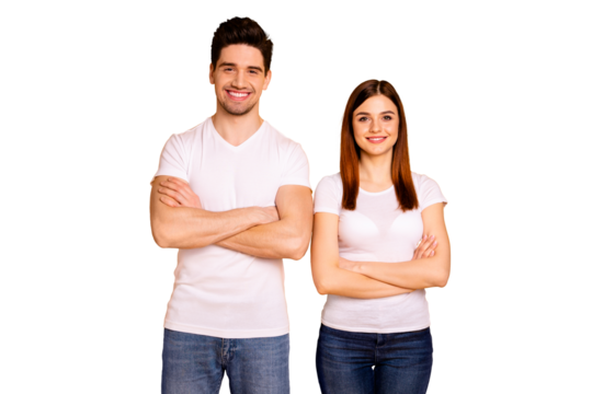 Close up photo beautiful cheer she her he him his pair stand side teamwork self-confident professionals specialists work job reliable workers wear casual white t-shirts isolated yellow background