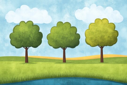 Tranquil Spring Horizon: A Scenic Landscape Featuring Three Trees by the Water's Edge