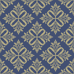 Oriental vector classic blue and golden pattern. Seamless abstract background with repeating elements. Design for elaborated borders, ceramic pottery, tiles, and clothing.