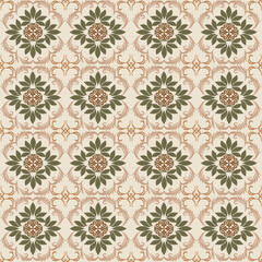 Seamless pattern with decorative flowers in retro style. Vector illustration. Design for elaborated borders, ceramic pottery, tiles, and clothing.