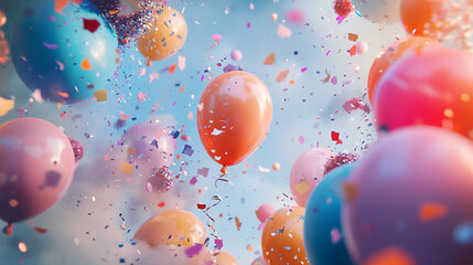 Colorful balloons and confetti create a festive atmosphere in bright blue sky