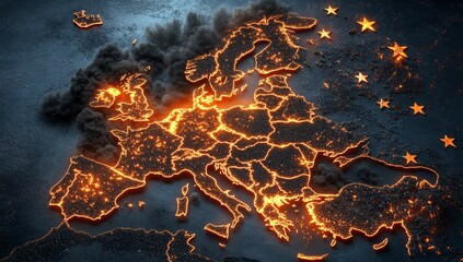 Abstract European Union Map with Dark Smoke and Fire - Symbolizing Internal Conflict and Social Tension